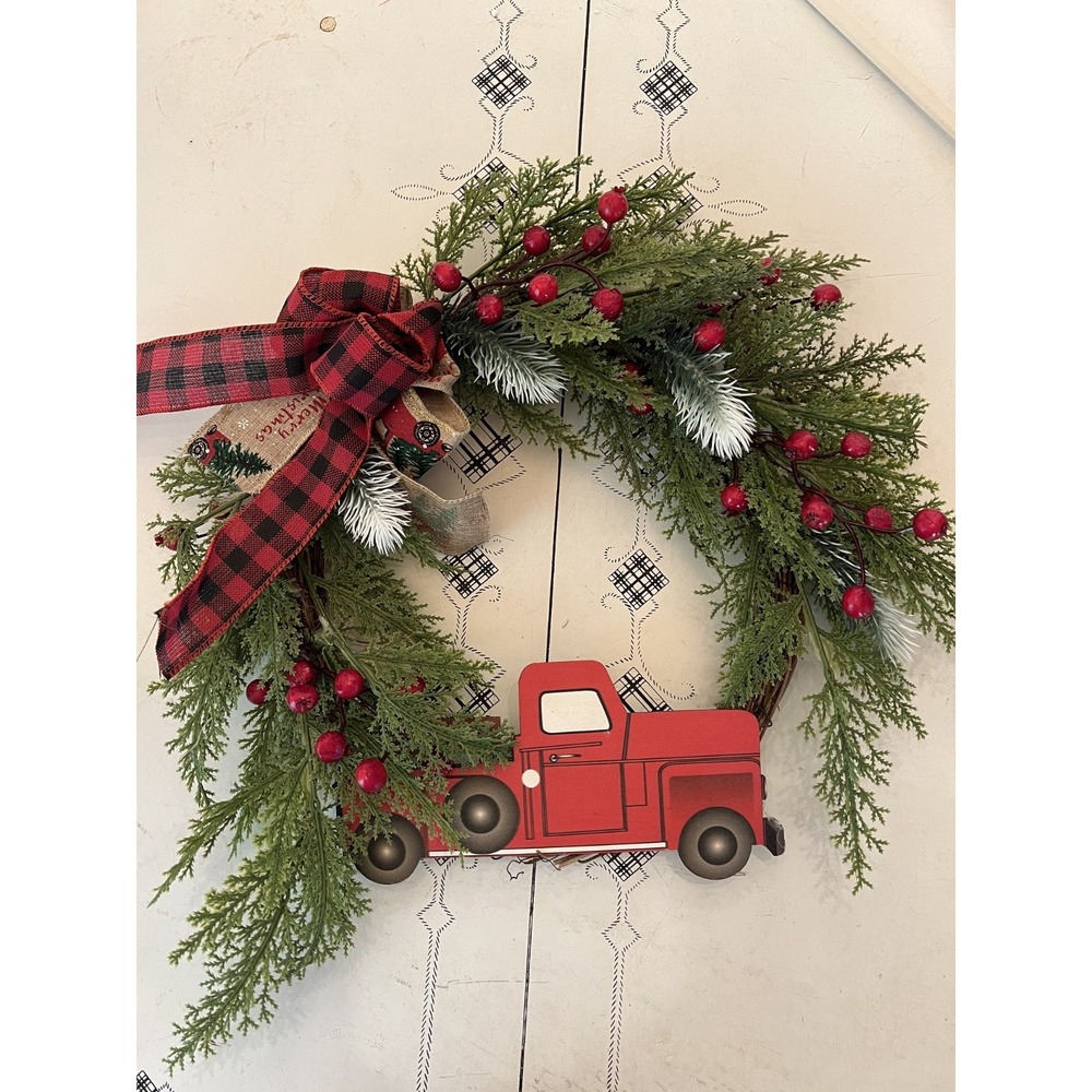 Real Touch Mixed Cedar & Red Berry Country Truck Wreath 15" Christmas